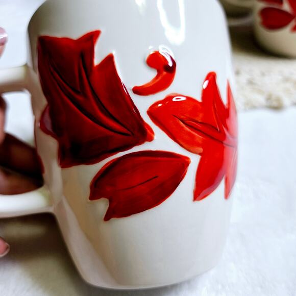 Pier 1 Imports Alexia Mug Fall Autumn Red Leaves Hand Painted Set of 7 White Red - Picture 5 of 9